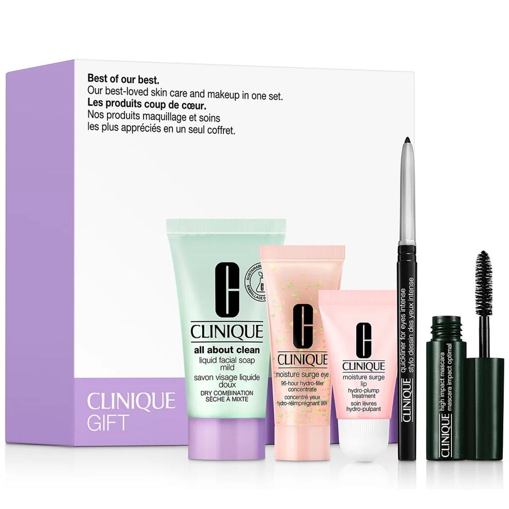 CLINIQUE 5 PIECE BEAUTY & MAKEUP GIFT SET BEST OF THE BEST! MASCARA EYELINER LIP